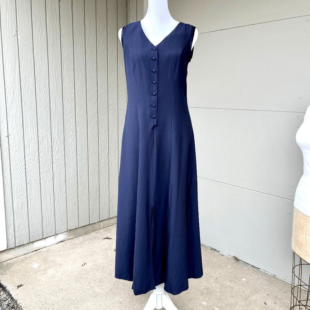 VTG 80s 90s Navy Dress Paneled Hem Satin-Lined Minimalist Made in USA, S - Picture 2 of 13